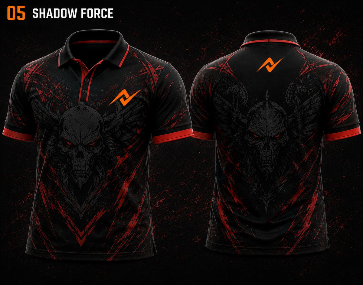 Front and back view of BGMI Polo Collar Esports Jersey Design No.5 Shadow Force Edition featuring a black and crimson red skull-themed esports design with orange logo placement on the side chest and below the back collar.