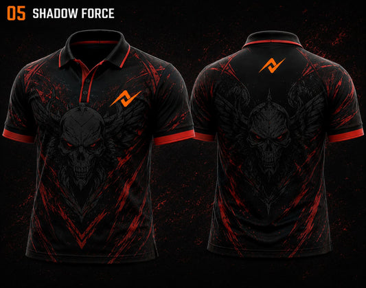 Front and back view of BGMI Polo Collar Esports Jersey Design No.5 Shadow Force Edition featuring a black and crimson red skull-themed esports design with orange logo placement on the side chest and below the back collar.