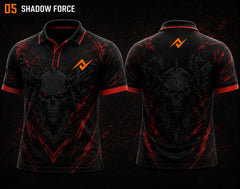Front and back view of BGMI Polo Collar Esports Jersey Design No.5 Shadow Force Edition featuring a black and crimson red skull-themed esports design with orange logo placement on the side chest and below the back collar.