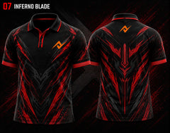 Front and back view of BGMI Polo Collar Esports Jersey Design No.7 Inferno Blade Edition featuring a black and crimson red blade-themed esports design with orange logo placement on the side chest and below the back collar.
