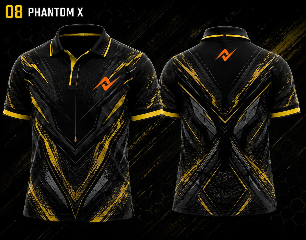 Front and back view of BGMI Polo Collar Esports Jersey Design No.8 Phantom X Gold Edition featuring a premium black and gold esports design with orange logo placement on the side chest and below the back collar.
