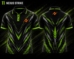 Front and back view of BGMI Polo Collar Esports Jersey Design No.11 Nexus Strike Edition featuring a black, neon green, and silver esports design with orange logo placement on the side chest and below the back collar.