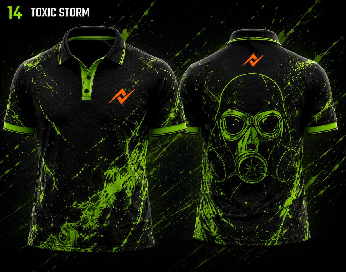 Front and back view of BGMI Polo Collar Esports Jersey Design No.14 Toxic Storm Edition featuring a black and toxic green gaming design with gas mask artwork and orange logo placement on the side chest and below the back collar.