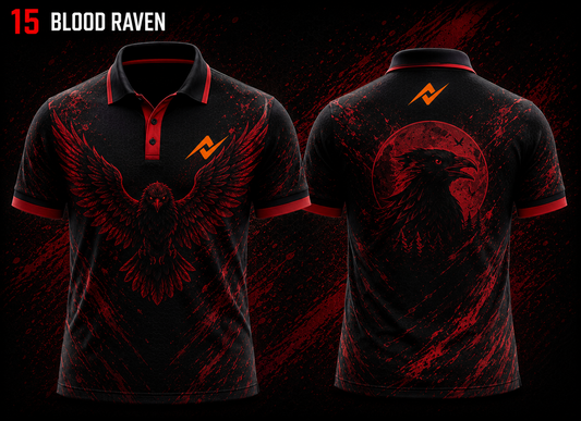 Front and back view of BGMI Polo Collar Esports Jersey Design No.15 Blood Raven Edition featuring a black and crimson red gaming design with raven artwork and orange logo placement on the side chest and below the back collar.