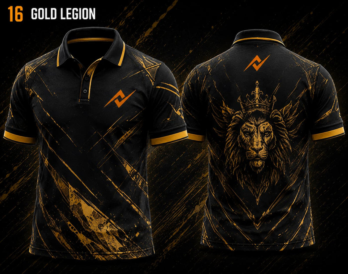 Front and back view of BGMI Polo Collar Esports Jersey Design No.16 Gold Legion Edition featuring a black and gold gaming design with crowned lion artwork and orange logo placement on the side chest and below the back collar.