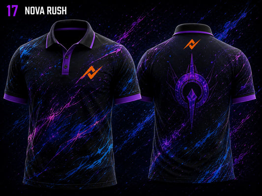 Front and back view of BGMI Polo Collar Esports Jersey Design No.17 Nova Rush Edition featuring a black, neon purple, and cosmic blue galaxy-themed design with orange logo placement on the side chest and below the back collar.