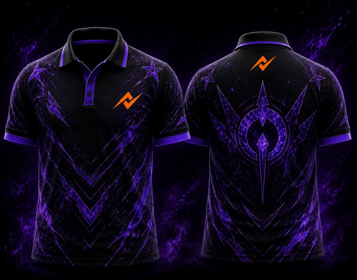 Front and back view of BGMI Polo Collar Esports Jersey Design No.20 Void Walker Edition featuring a black and neon purple gaming design with a futuristic void emblem and orange logo placement on the side chest and below the back collar.