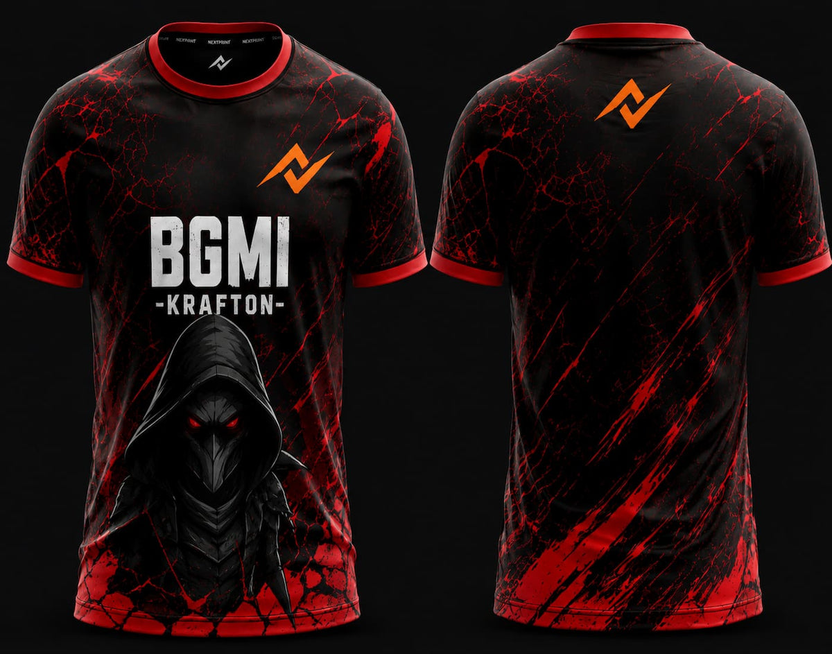 Front and back view of BGMI Shadow Reaper black and red esports jersey featuring a hooded reaper design and premium round neck gaming apparel style.