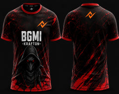 Front and back view of BGMI Shadow Reaper black and red esports jersey featuring a hooded reaper design and premium round neck gaming apparel style.