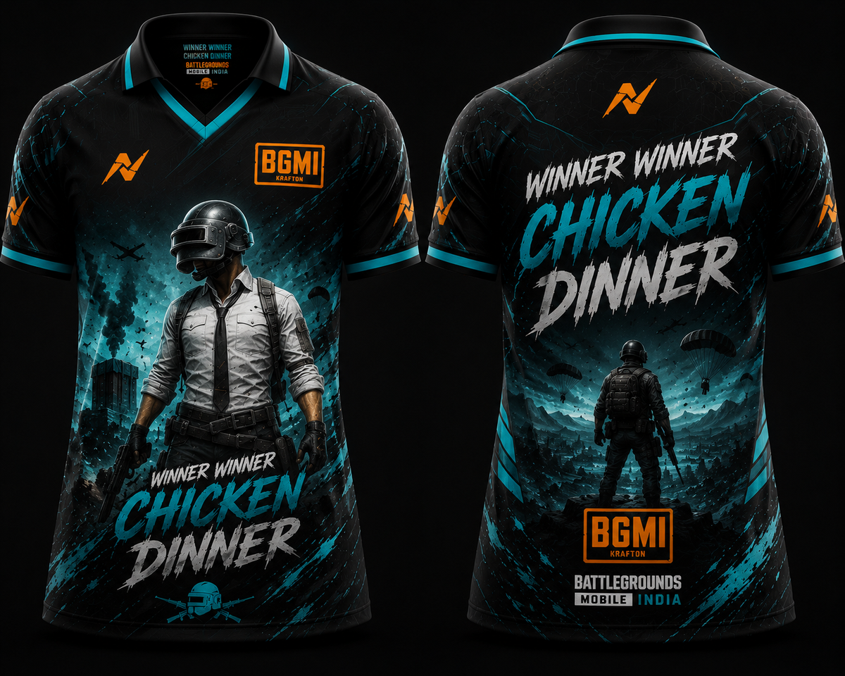BGMI Shadow Strike Cyan Gaming Jersey Front and Back V Neck Polo Custom Esports Jersey by NextPrint