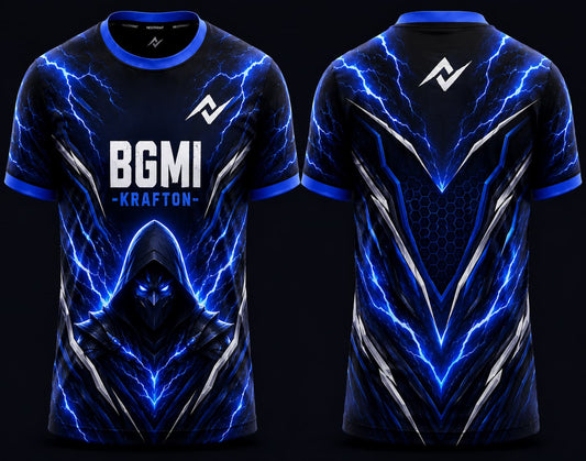 Front and back view of BGMI Shadow Thunder blue lightning round neck esports jersey with futuristic hooded warrior design.