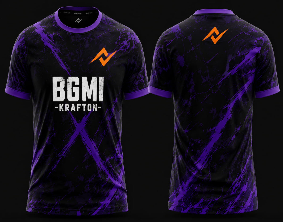 Front and back view of BGMI Shadow Vortex purple round neck esports jersey featuring black and purple energy graphics with premium gaming design.