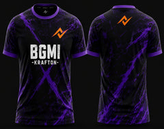 Front and back view of BGMI Shadow Vortex purple round neck esports jersey featuring black and purple energy graphics with premium gaming design.