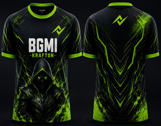 Front and back view of BGMI Venom Phantom black and neon green esports jersey featuring a futuristic phantom warrior design and premium round neck gaming apparel style.