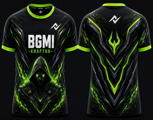 Front and back view of BGMI Venom Reaper black and neon green round neck esports jersey featuring futuristic assassin artwork and energy patterns.