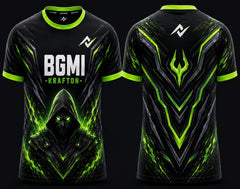 Front and back view of BGMI Venom Reaper black and neon green round neck esports jersey featuring futuristic assassin artwork and energy patterns.