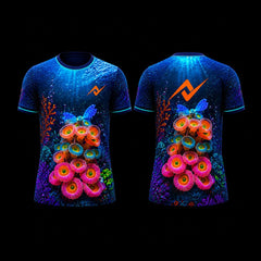 Bioluminescent Coral Garden round neck sports jersey featuring colorful underwater coral artwork with front and back views on a black background.