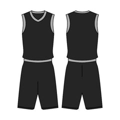 Next Print black basketball uniform with a white background and black shorts.