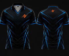 Front and back view of a black and blue esports jersey with V-neck polo collar featuring chest logo and back neck logo placement.