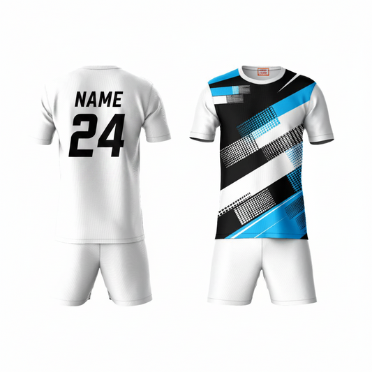 Black blue geometric pattern activewear t-shirt with white shorts back view