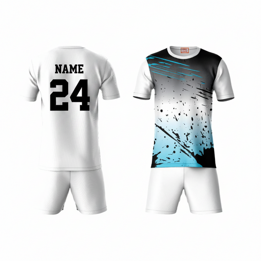 Black blue gradient athletic sports t-shirt with white shorts back side view