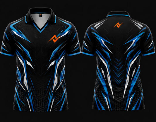 Front and back view of a black and blue esports jersey featuring a V-neck polo collar with chest logo and back neck logo placement.