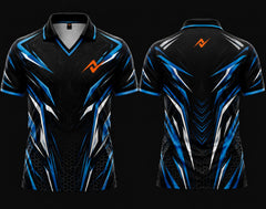 Front and back view of a black and blue esports jersey featuring a V-neck polo collar with chest logo and back neck logo placement.