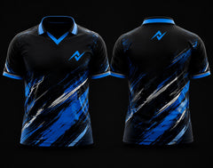 Black and blue V-neck polo collar esports jersey featuring dynamic blue and white brushstroke graphics with front and back views for custom gaming teams.