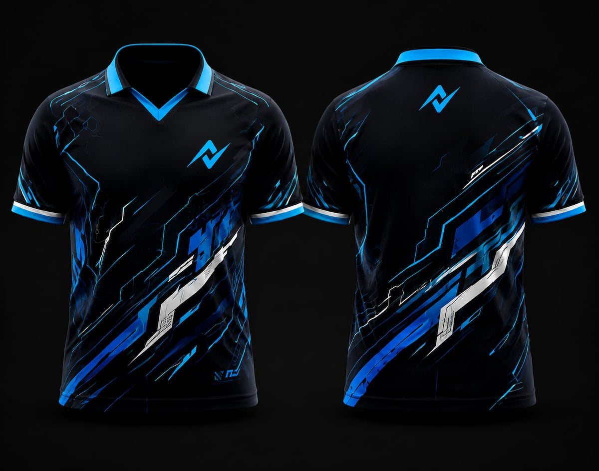 Black and blue V-neck polo collar esports jersey with futuristic cyber graphics shown in front and back views for custom gaming teams.