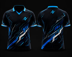 Black and blue V-neck polo collar esports jersey with futuristic cyber graphics shown in front and back views for custom gaming teams.