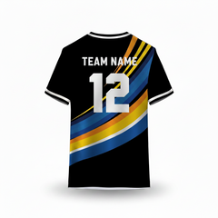 Black sports t-shirt back design with blue, yellow, and orange curved stripe pattern for custom sublimation team jersey printing by NextPrint India