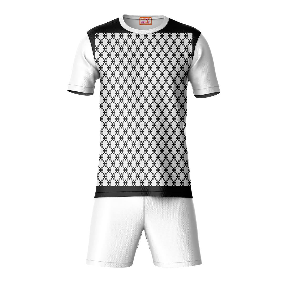 Black checkered pattern sports t-shirt with white shorts co-ord set front view