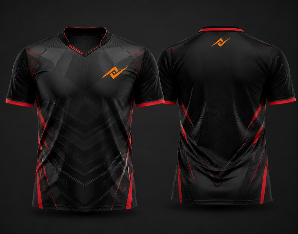 Black and crimson custom V-neck cricket jersey with subtle chevron graphics, red accents, chest logo, and back neck logo shown in front and back view.