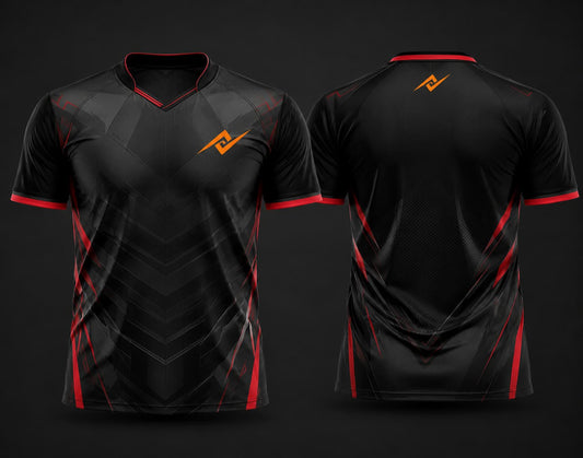 Black and crimson custom V-neck cricket jersey with subtle chevron graphics, red accents, chest logo, and back neck logo shown in front and back view.