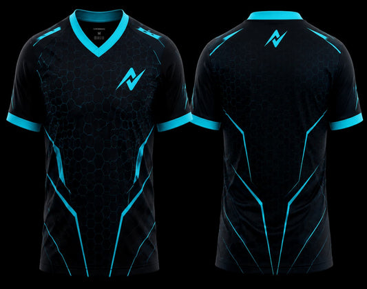 Black and cyan V-neck esports jersey with futuristic hexagonal pattern and premium front and back sublimation gaming jersey design.