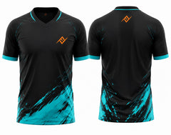 Front and back view of a black and cyan V-neck cricket jersey featuring bold splash graphics with custom logo placement on the chest and below the back neckline.