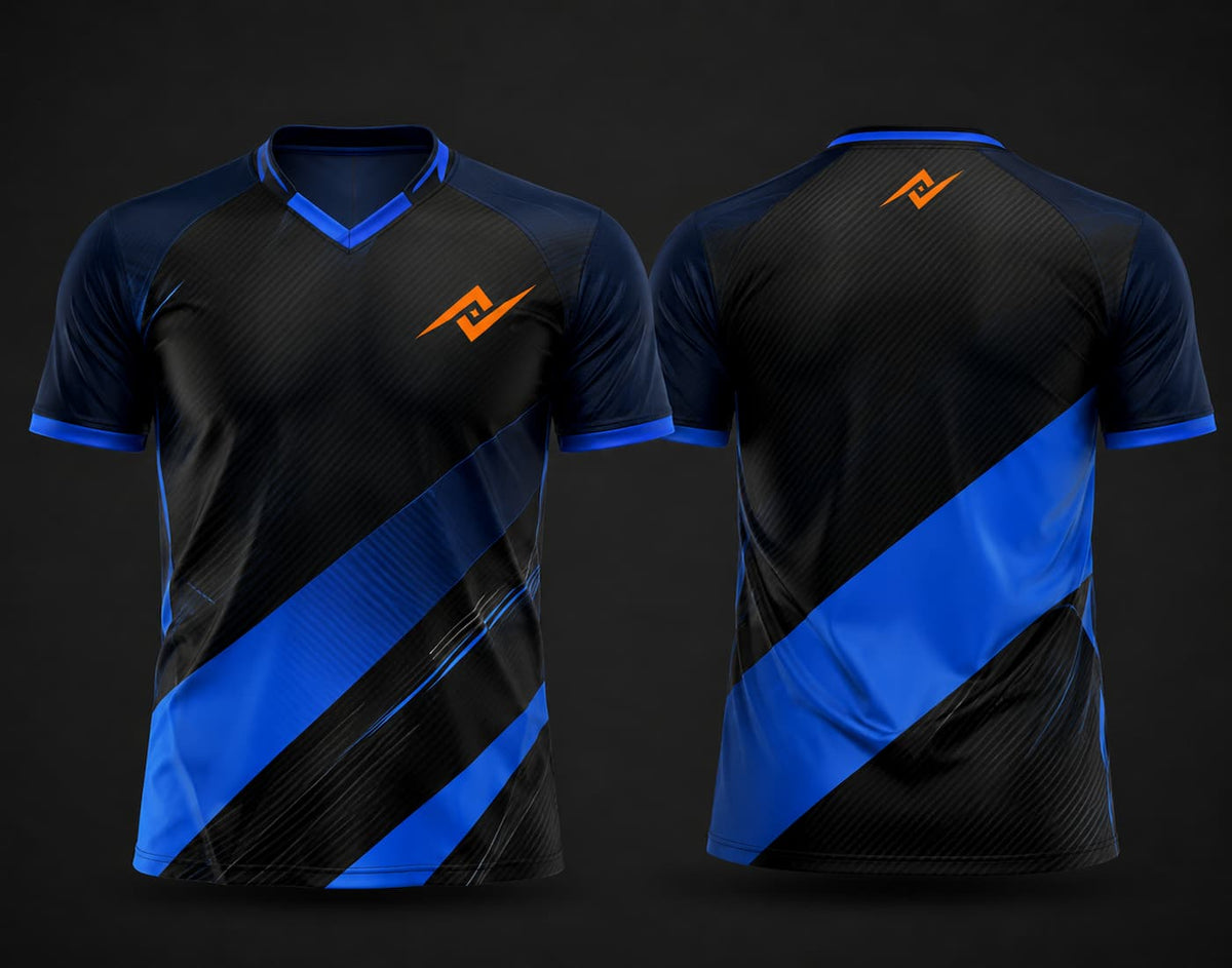 Front and back view of a black and electric blue custom V-neck cricket jersey featuring bold diagonal blue graphics, custom chest logo, and back neck logo.