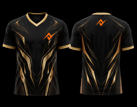 Black and gold V-neck esports jersey featuring futuristic geometric graphics with custom logo placement on the chest and upper back.