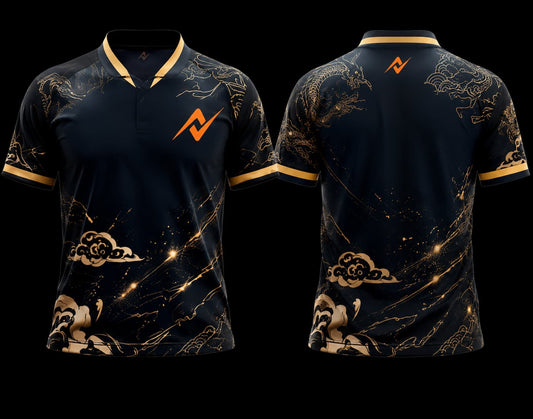 Black and Gold Dragon K-Pop Esports Jersey front and back view with Chinese collar and premium dragon artwork