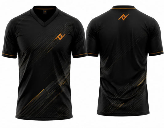 Front and back view of a black and gold V-neck cricket jersey featuring elegant diagonal geometric graphics with custom logo placement on the chest and below the back neckline.