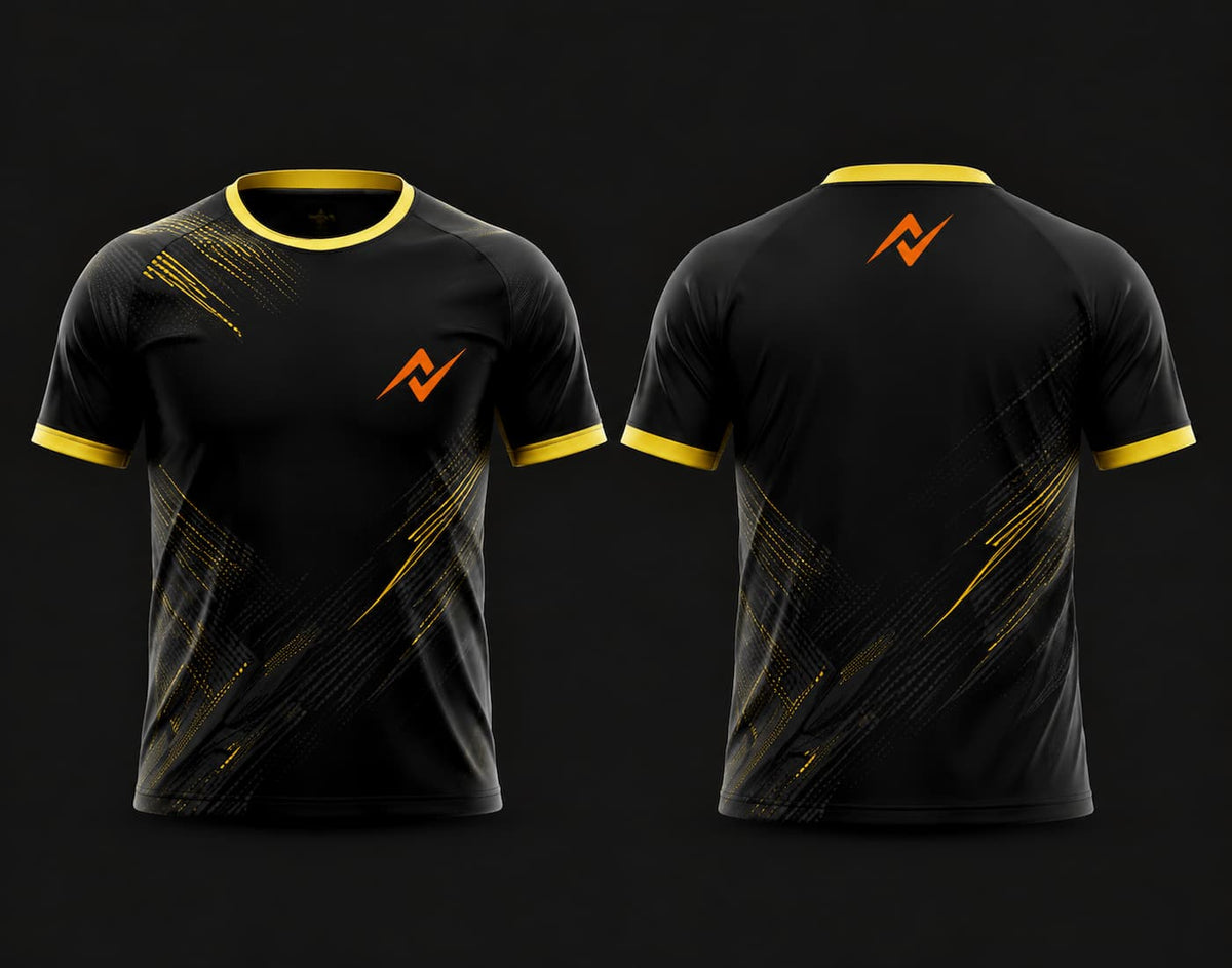 Front and back view of a black and gold round neck cricket jersey featuring premium gold accent graphics with an orange chest logo, customizable for cricket teams.
