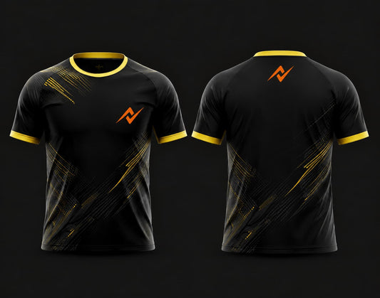 Front and back view of a black and gold round neck cricket jersey featuring premium gold accent graphics with an orange chest logo, customizable for cricket teams.