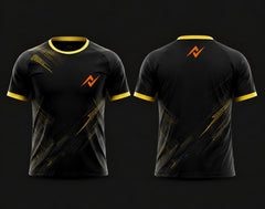 Front and back view of a black and gold round neck cricket jersey featuring premium gold accent graphics with an orange chest logo, customizable for cricket teams.