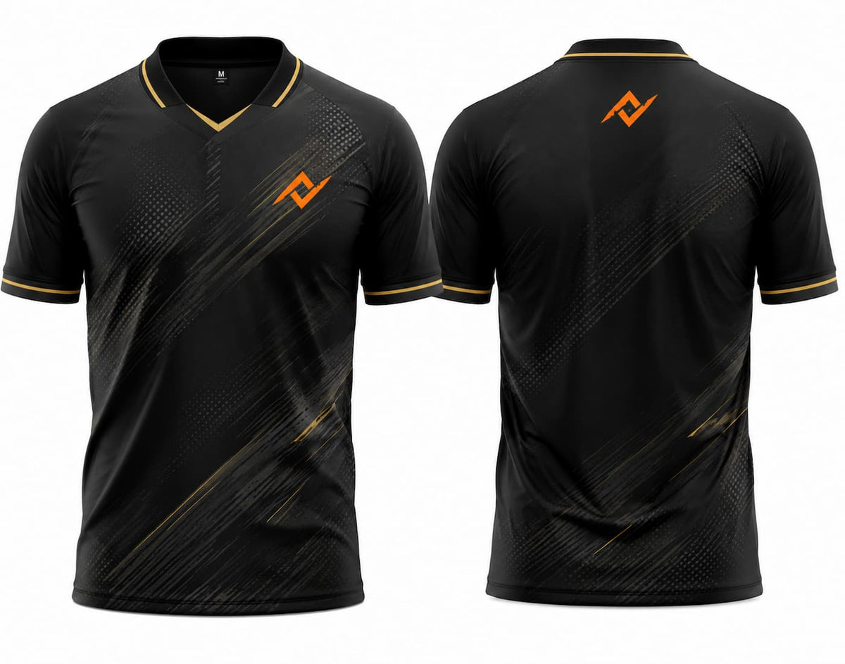 Front and back view of a black and gold V-neck cricket jersey featuring subtle brushstroke graphics, gold trim, an orange chest logo, and a matching logo below the back neckline.