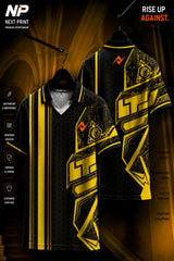 Front and back view of a black and gold tech circuit polo sports jersey with geometric graphics and premium dry-fit performance fabric.