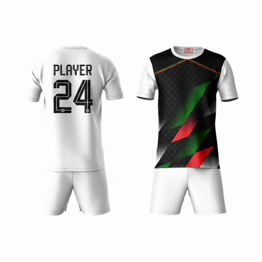 Black green geometric pattern activewear t-shirt with white shorts back view