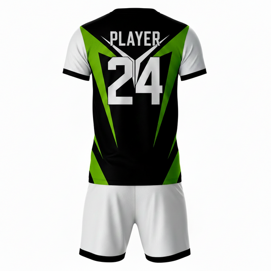 Black green athletic sports jersey with white shorts back side view