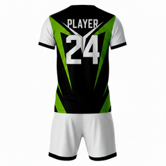 Black green athletic sports jersey with white shorts back side view