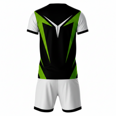 Premium black green sportswear jersey and white shorts set side angle view