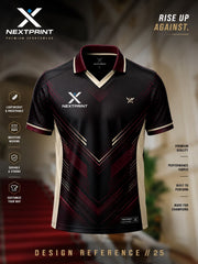 Black and maroon V-neck cricket jersey featuring a modern geometric chevron pattern with premium performance fabric.